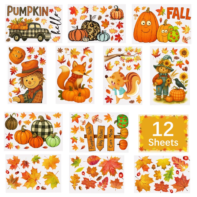 دي سي-بيوتيفُل DC-BEAUTIFUL 153 قطعة من ملصقات النوافذ الخريفية، 12 ورقة مزدوجة الجوانب للخريف، فزاعة اليقطين، ملصقات زجاجية من أوراق القيقب، قابلة لإعادة الاستخدام، شارات نافذة ثابتة لعيد الشكر، ديكورات الحفلات للمنزل والمكتب والمدرسة - Image 2